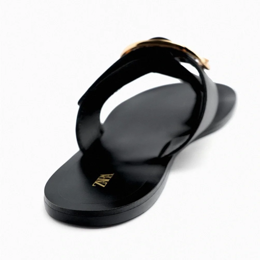 ZARA FLAT LEATHER SANDALS WITH BUCKLE NWT - Picture 5 of 6